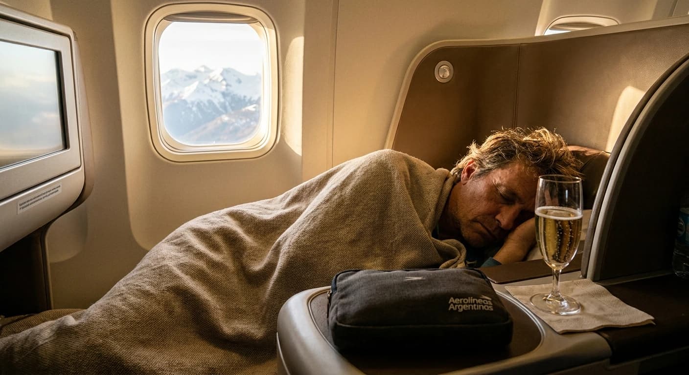 Business class lie-flat seat with premium amenities on a South America-bound flight