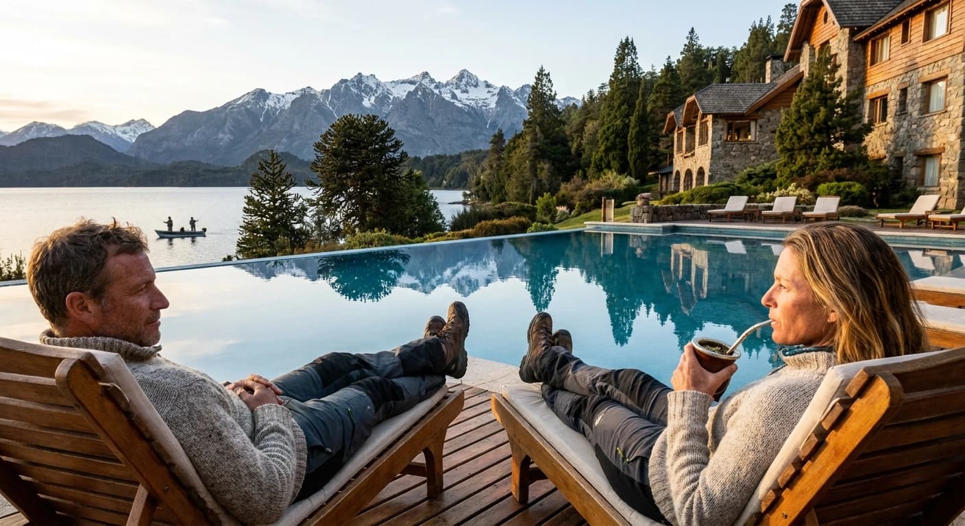Artisanal chocolate shops and alpine architecture along Calle Mitre in Bariloche