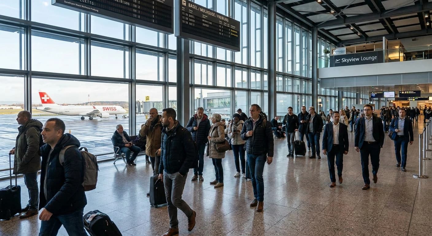 EuroAirport Basel-Mulhouse-Freiburg terminal interior with Swiss sector signage