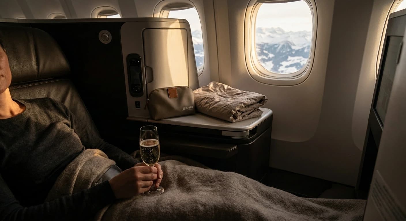 Swiss business class cabin with lie-flat seat and premium Swiss amenities