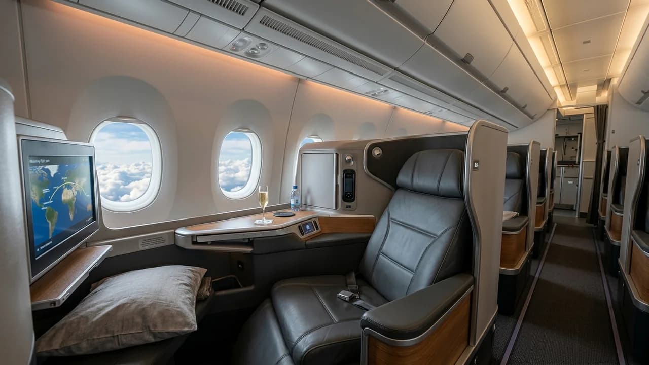 Middle East Airlines business class cabin with lie-flat suite and premium amenities