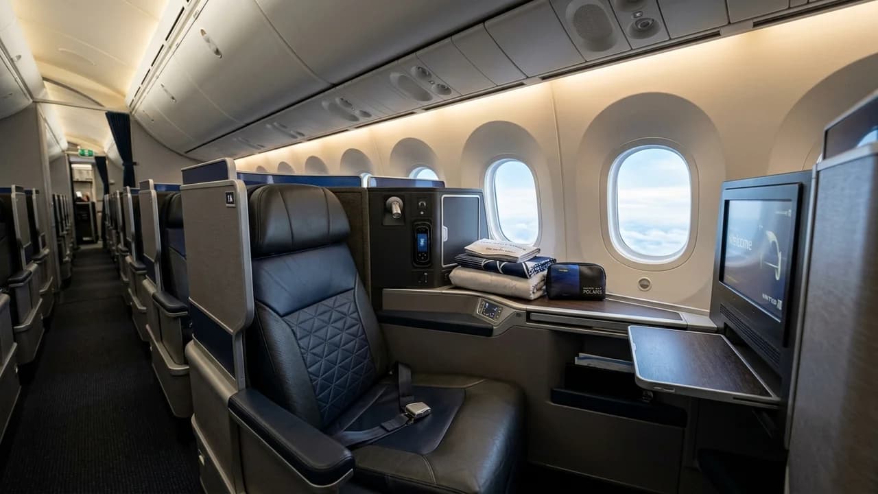 United business class cabin with lie-flat suite and premium amenities