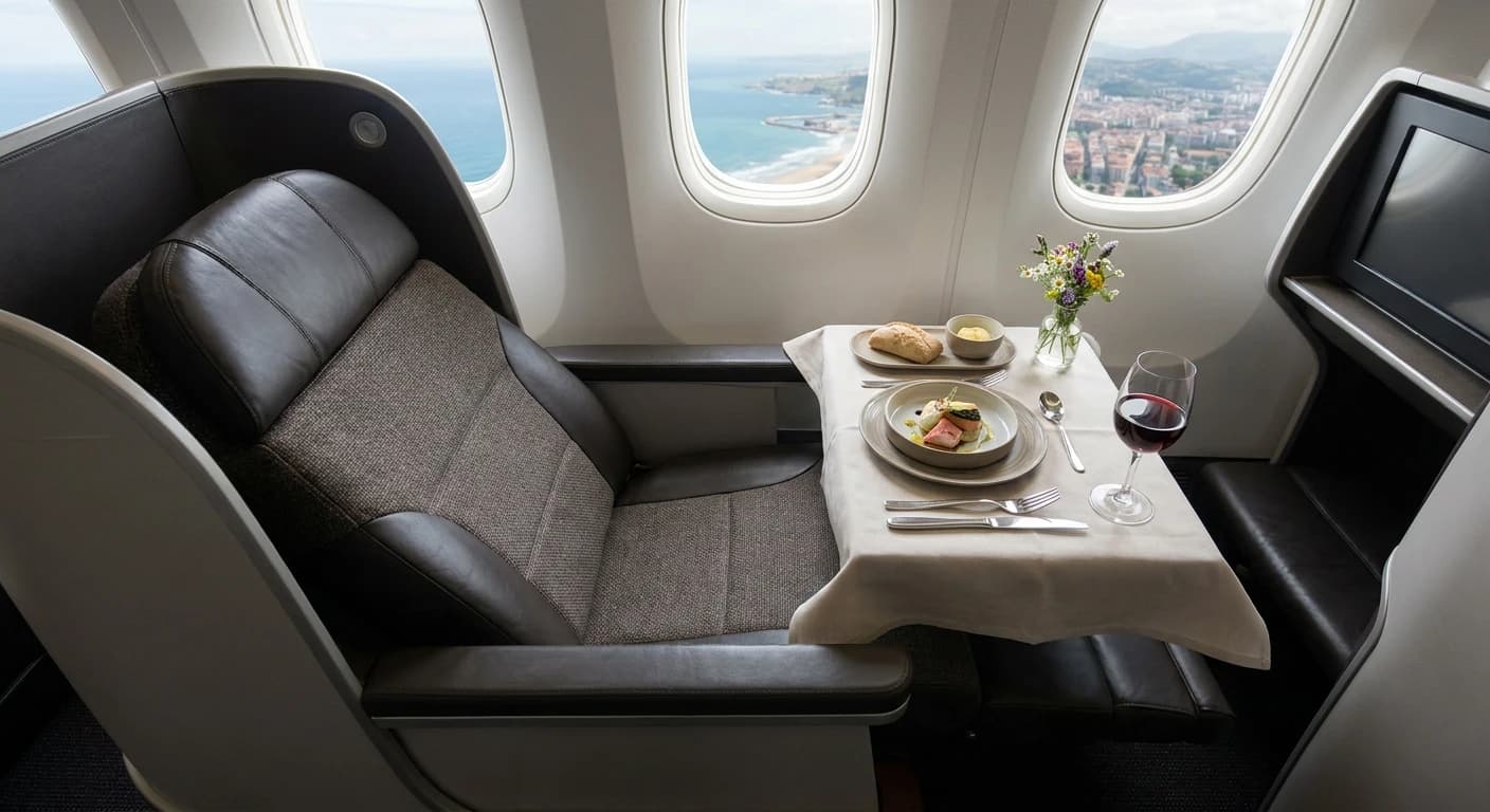 Business class lie-flat seat with premium dining service on a transatlantic flight to Bilbao