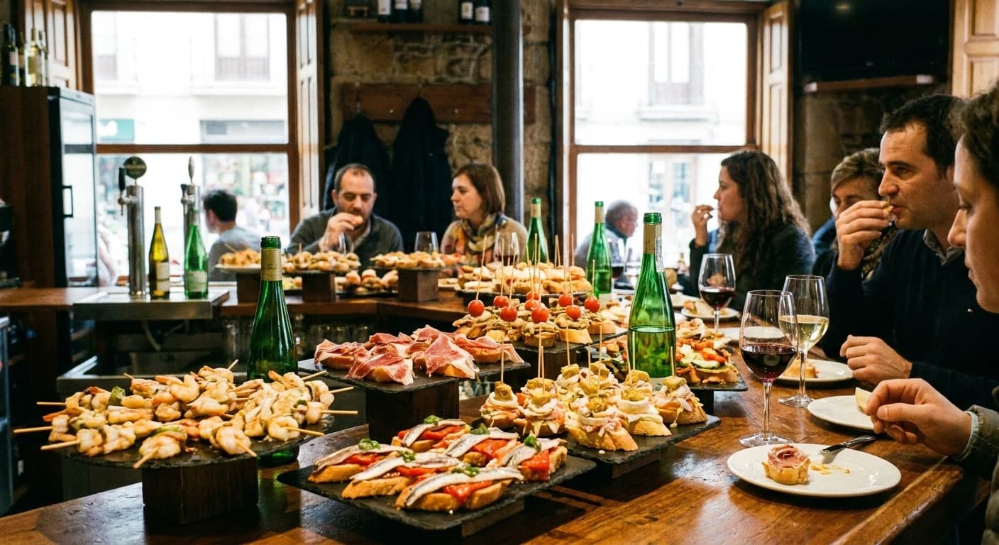 Elegant Basque pintxos spread with local wine at a traditional Bilbao bar