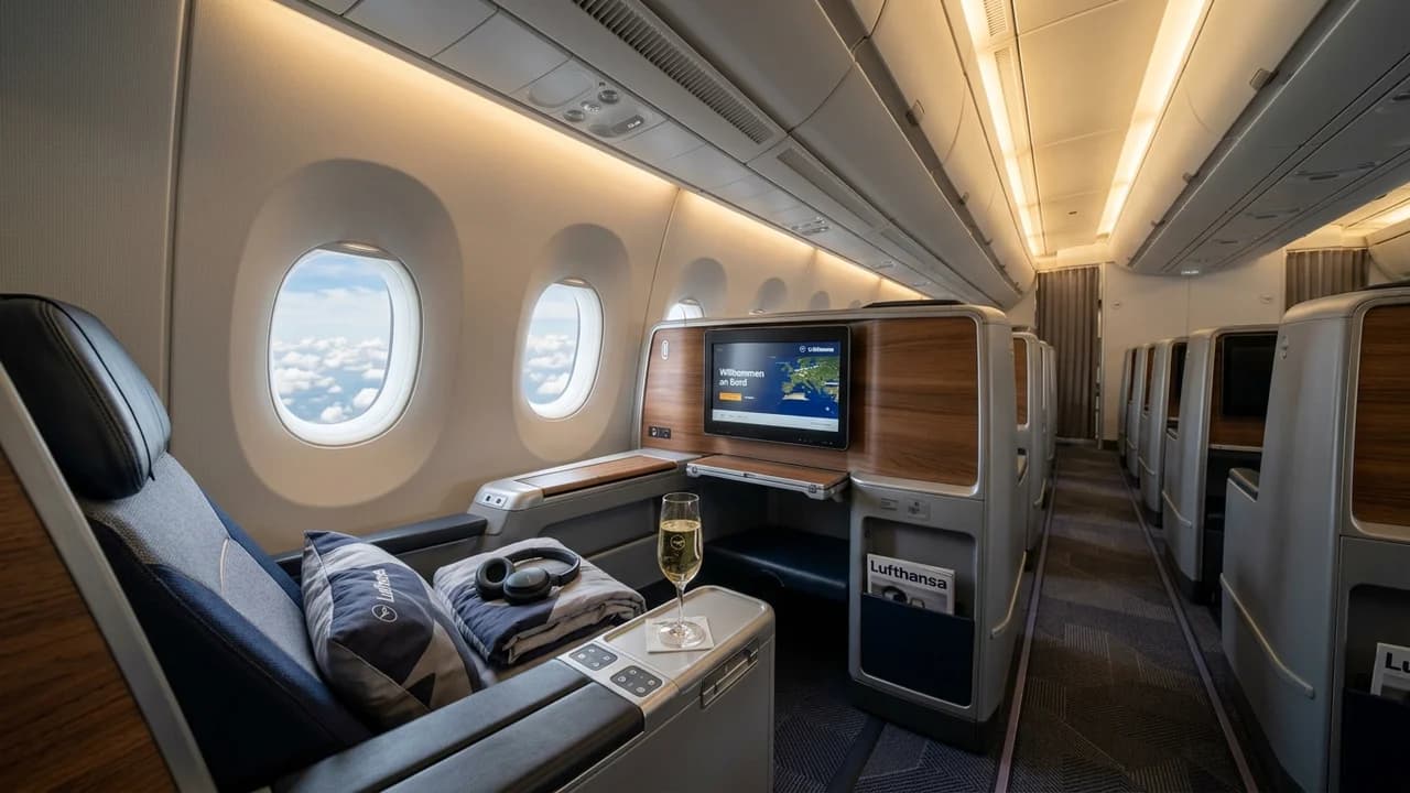 Lufthansa business class cabin with lie-flat suite and premium amenities
