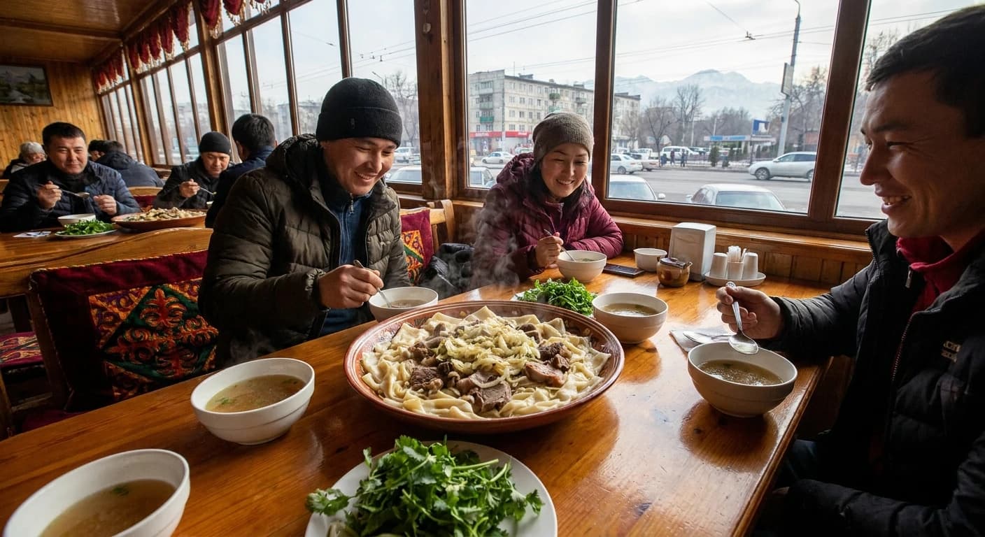 Traditional Kyrgyz beshbarmak dish served in a Bishkek restaurant
