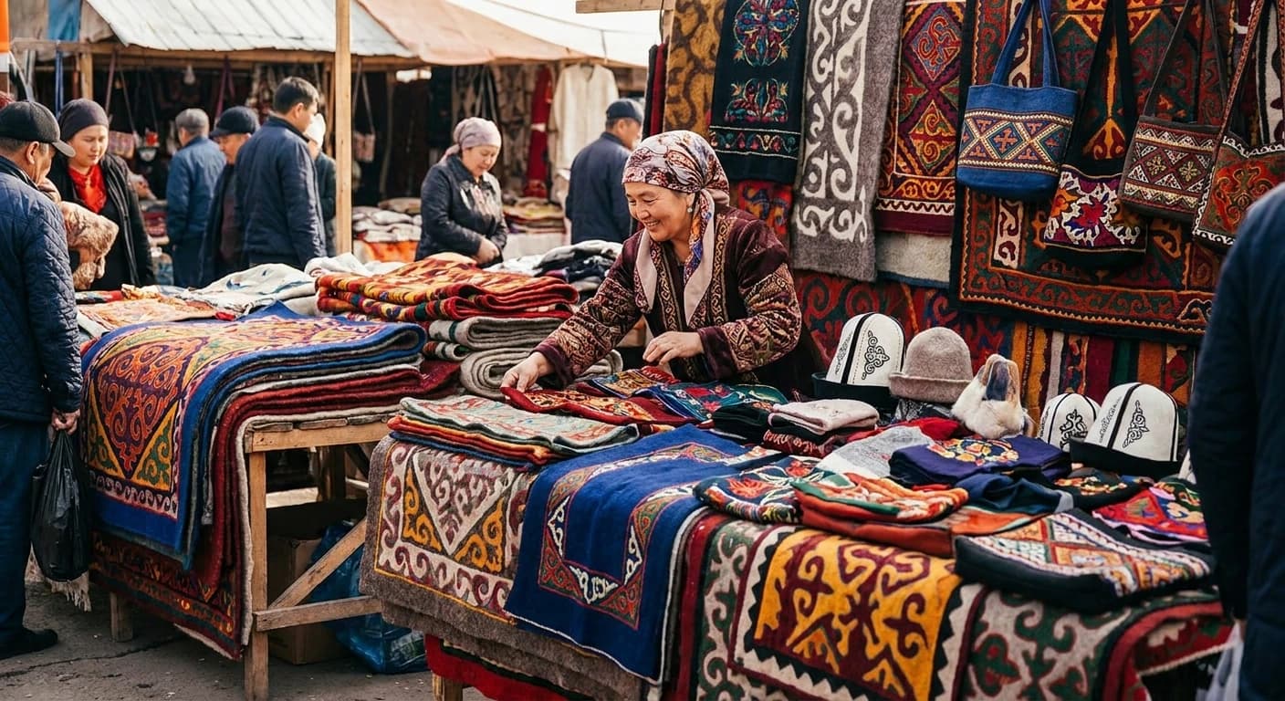 Traditional Kyrgyz felt crafts and textiles displayed at a Bishkek market