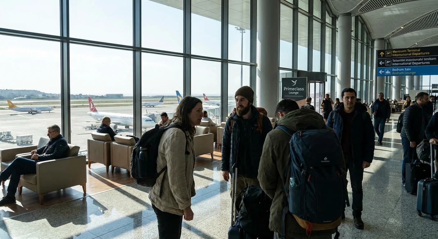 Milas-Bodrum Airport terminal with Aegean landscape in the background