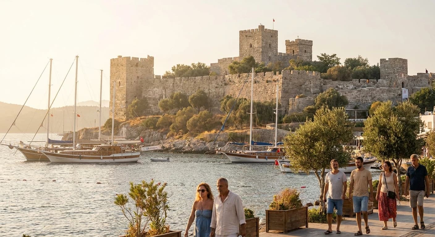 Bodrum Castle overlooking the turquoise Aegean Sea at golden hour