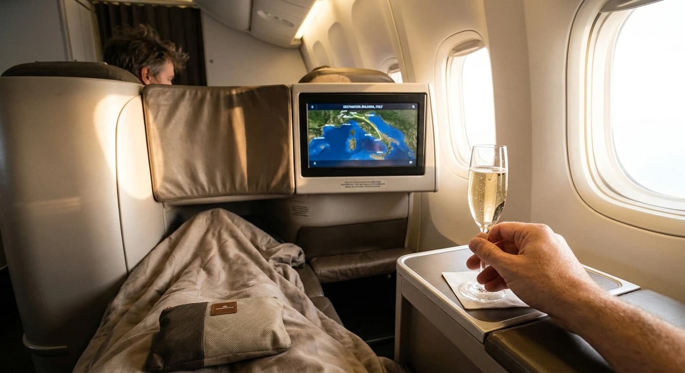 Lie-flat business class cabin seat with premium bedding and amenity kit