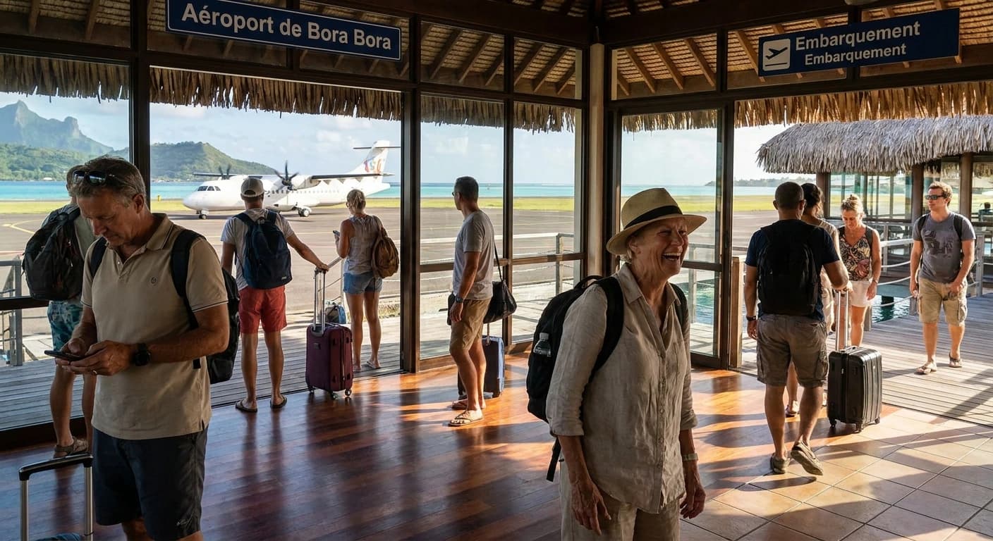 Bora Bora's Motu Mute Airport with lagoon and Mount Otemanu backdrop