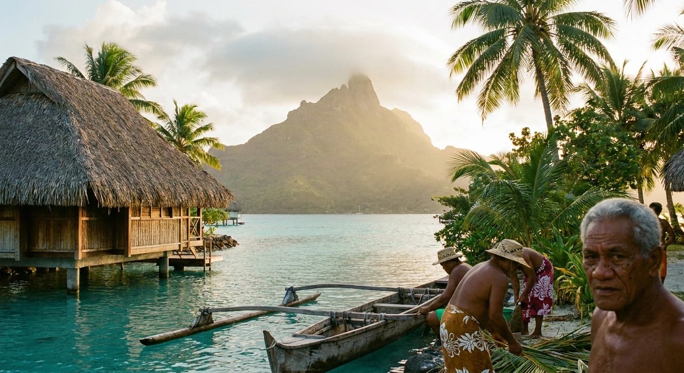Mount Otemanu rising above Bora Bora's turquoise lagoon with overwater bungalows