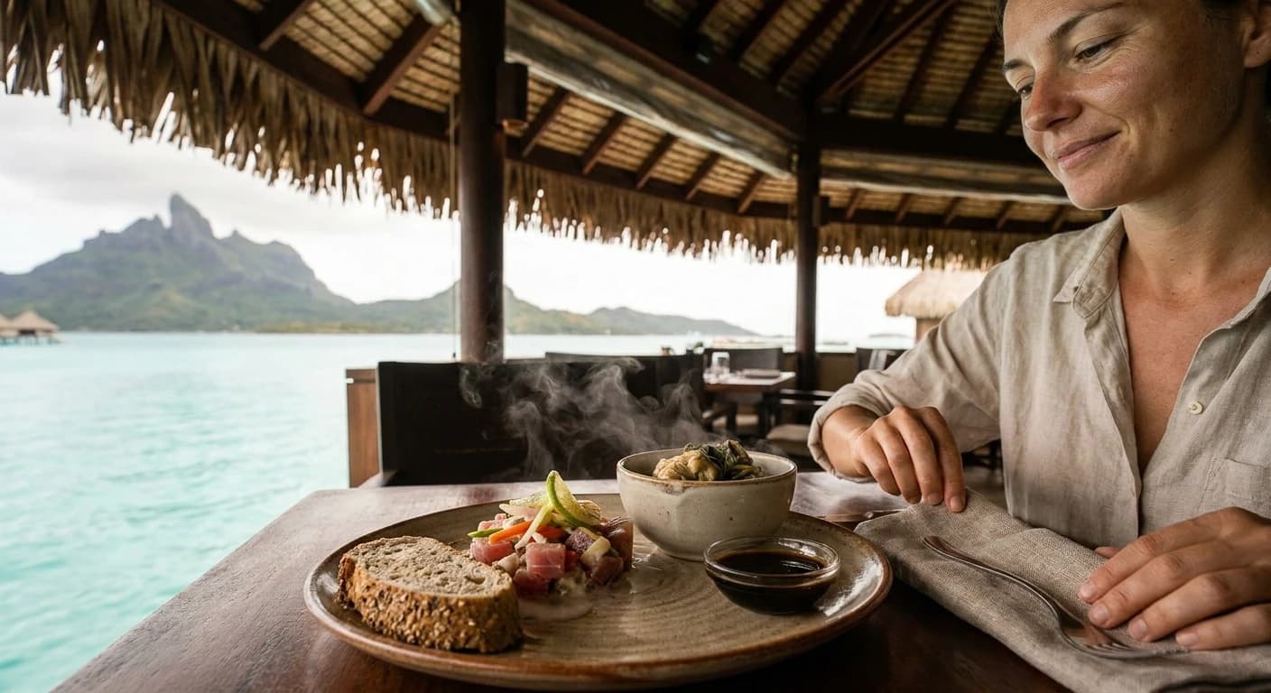 Overwater fine dining in Bora Bora with lagoon and sunset views