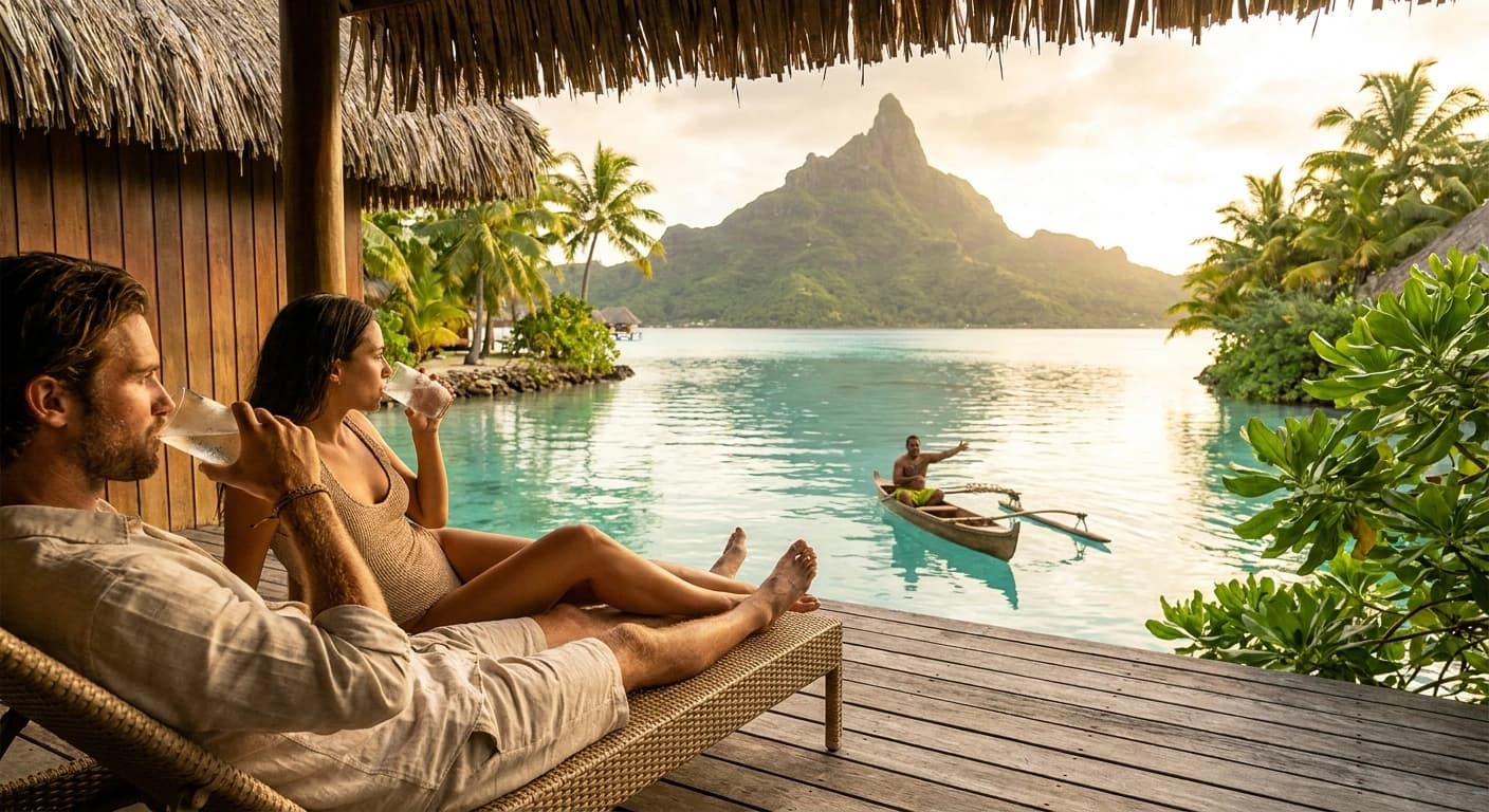 Overwater bungalow with private deck and turquoise lagoon at a Bora Bora luxury resort