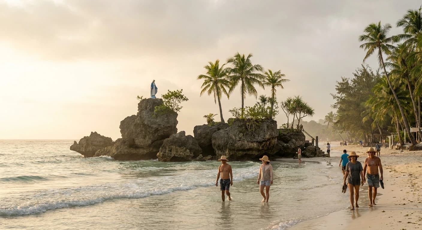 Iconic White Beach Boracay at golden hour with turquoise waters and white sand