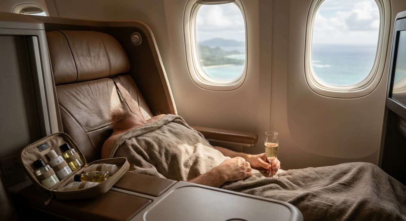 Korean Air Prestige Class lie-flat seat with premium amenities on transpacific route