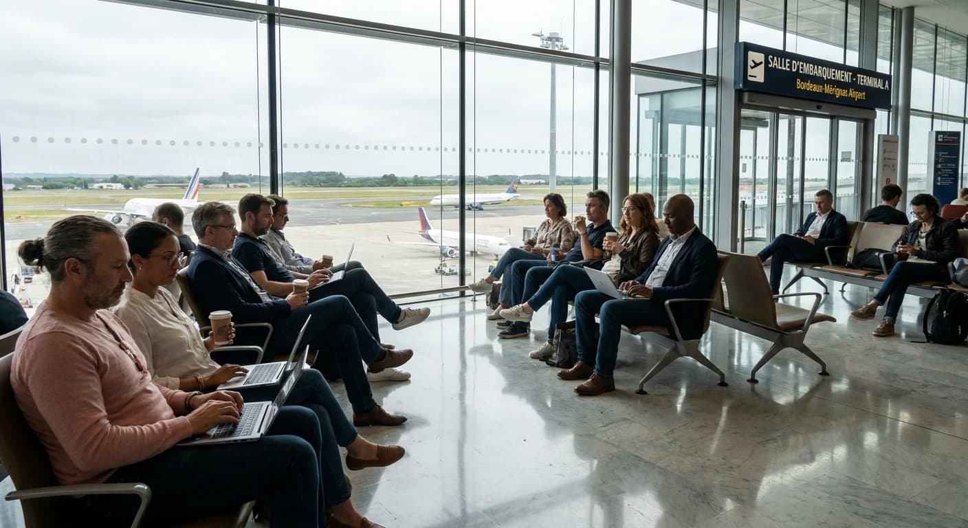 Bordeaux-Mérignac Airport terminal interior with natural light and departure gates