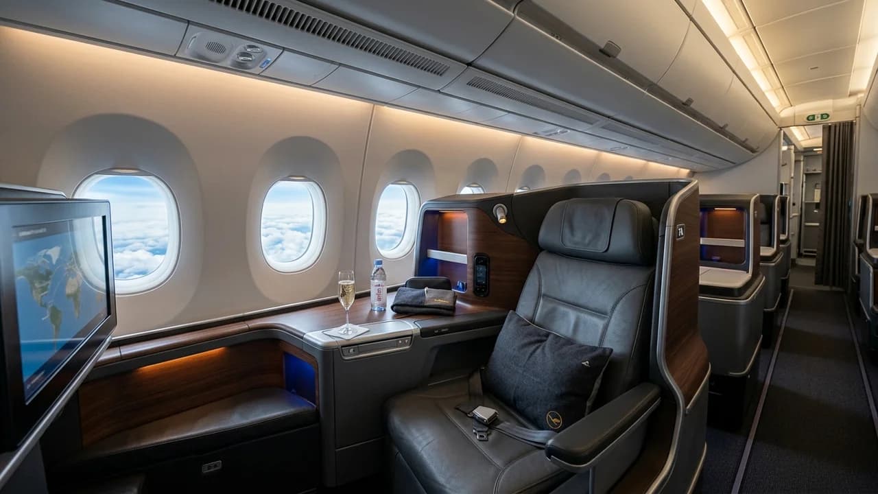 Austrian Airlines business class cabin with lie-flat suite and premium amenities