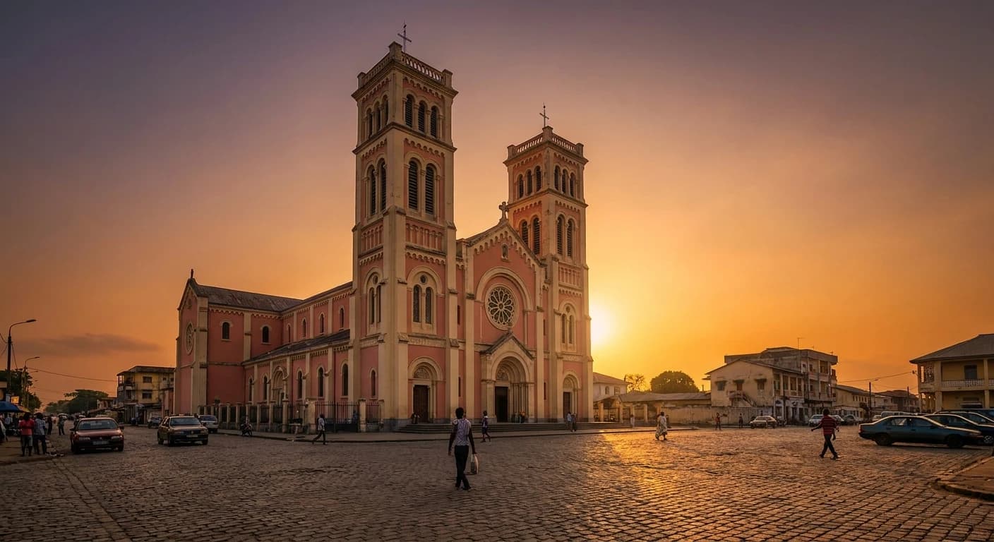 Basilique Sainte-Anne du Congo pink cathedral towers in Brazzaville at golden hour
