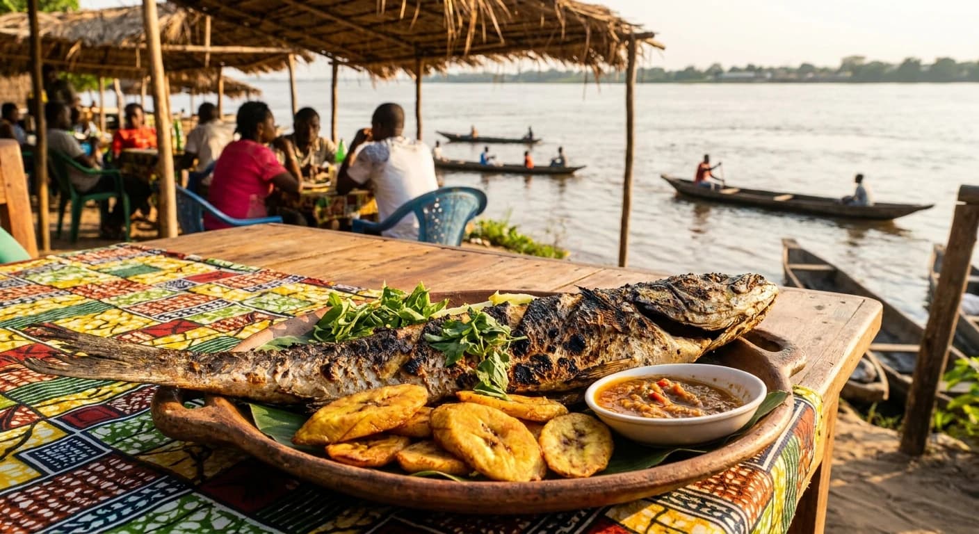Fresh grilled capitaine fish with plantain served at a Brazzaville riverside restaurant