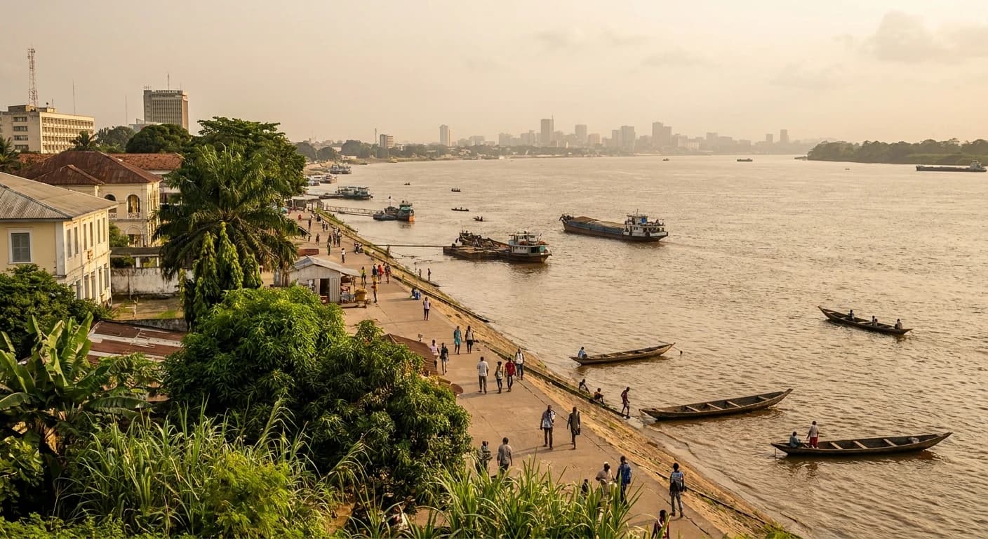Congo River view from Brazzaville waterfront with Kinshasa skyline in the distance