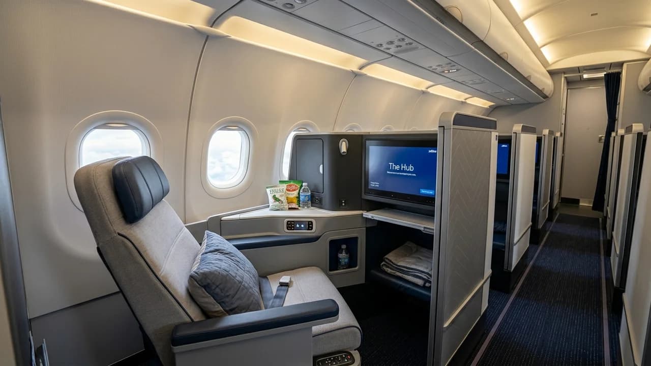 JetBlue business class cabin with lie-flat suite and premium amenities