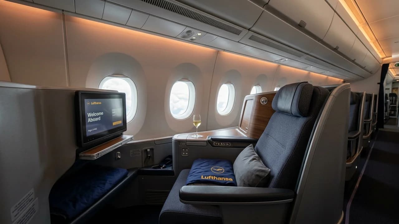 Lufthansa business class cabin with lie-flat suite and premium amenities