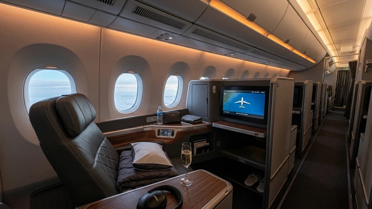 Brussels Airlines business class cabin with lie-flat suite and premium amenities