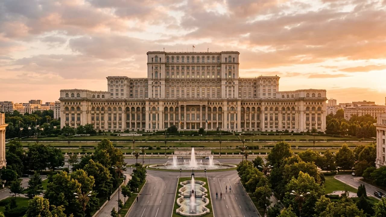 Iconic landmark in Bucharest, Romania at golden hour