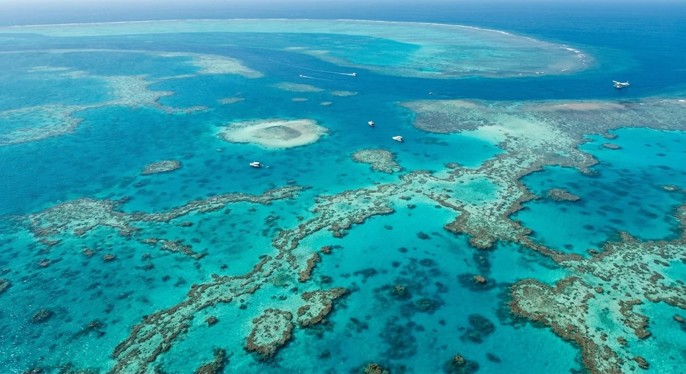 Aerial view of turquoise waters and coral formations on the Great Barrier Reef