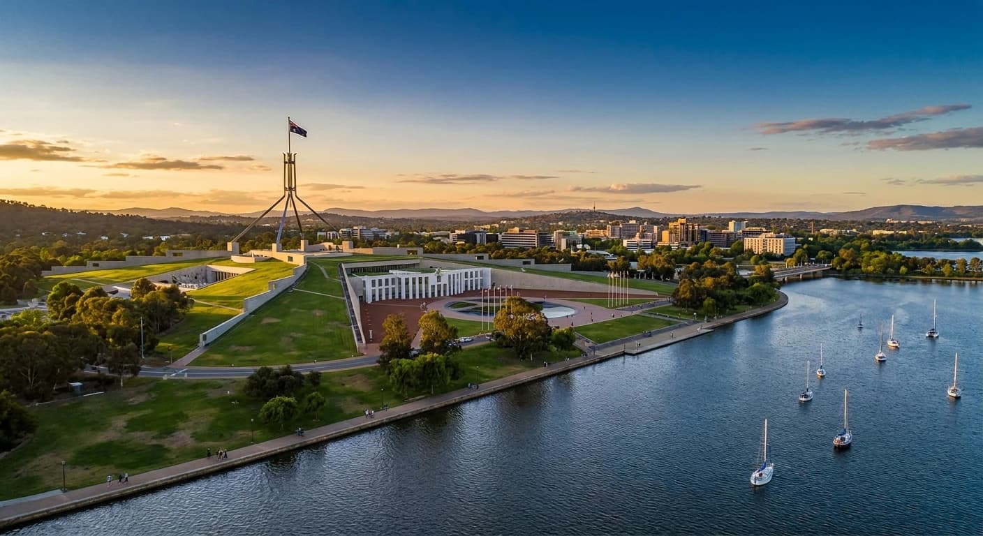Parliament House with Lake Burley Griffin and city landscape