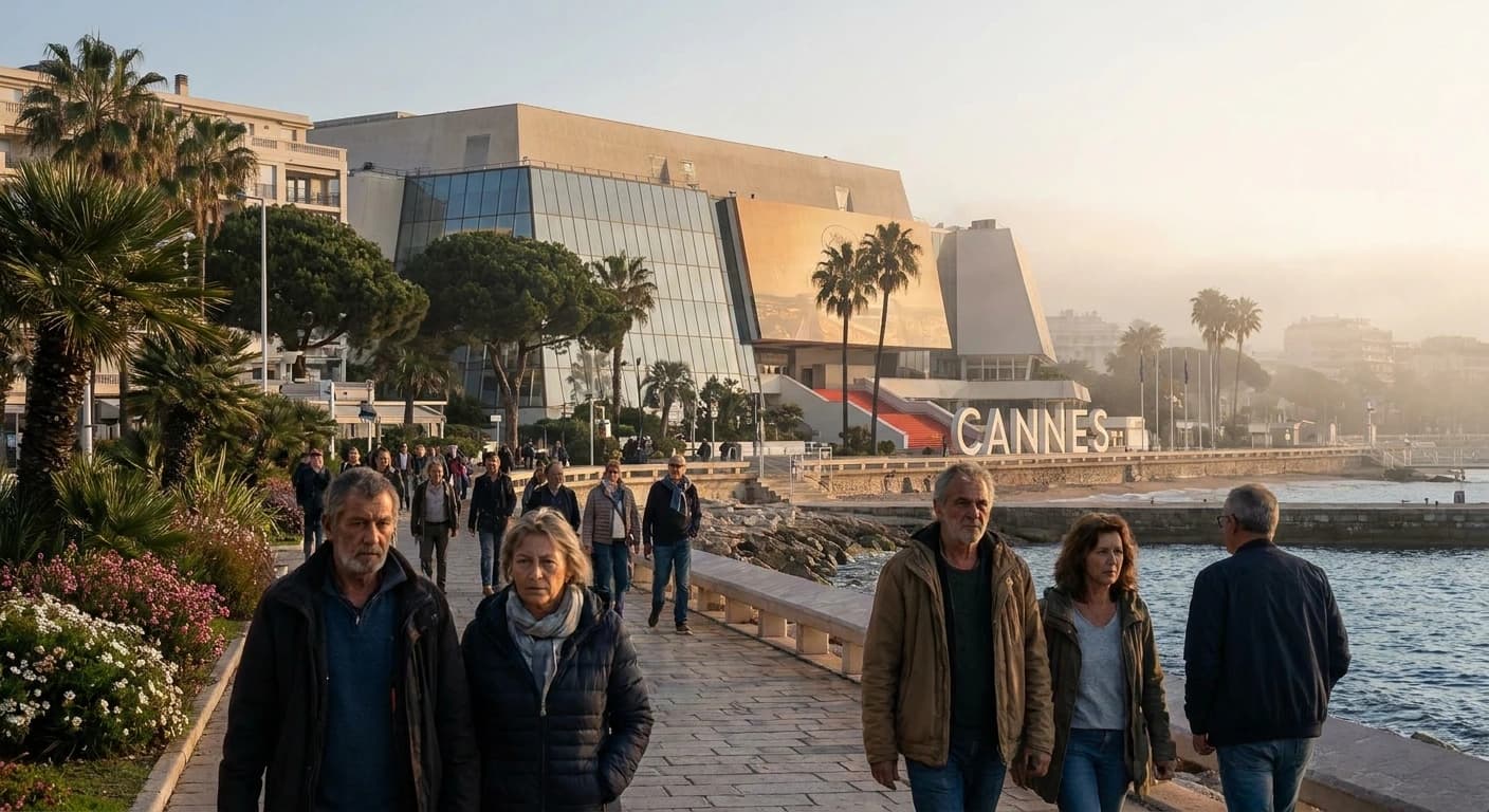 La Croisette promenade in Cannes with palm trees and Mediterranean coastline at golden hour