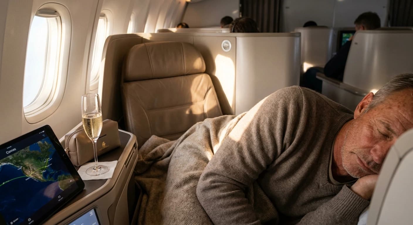 Air France business class cabin with lie-flat seats and premium Champagne service