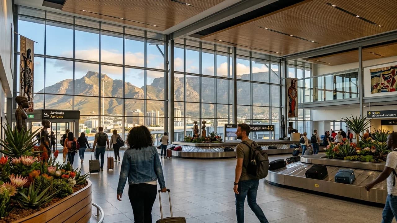 Cape Town International Airport arrivals with Table Mountain visible through terminal windows