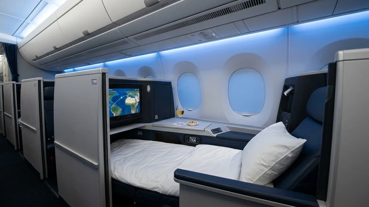 Delta One Suite with privacy door closed, premium bedding, and South African wine service