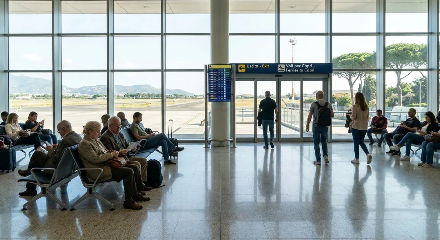 Naples International Airport arrivals terminal with transfer connections to Capri