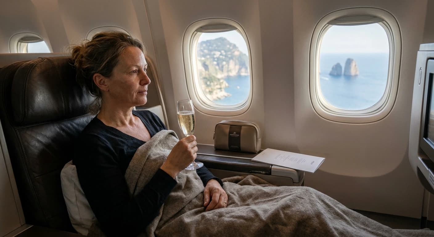 Lie-flat business class cabin with premium bedding and Italian-inspired amenities