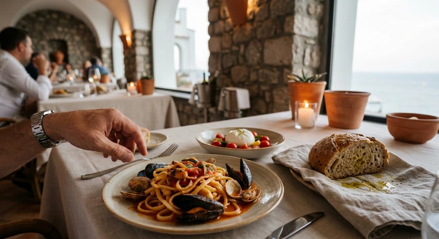 Elegant outdoor dining under lemon trees at a luxury Capri restaurant