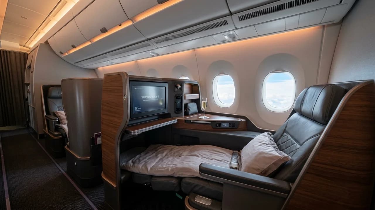 Royal Air Maroc business class cabin with lie-flat suite and premium amenities