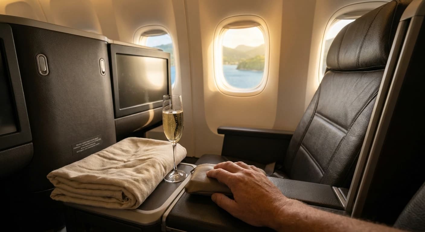 JetBlue Mint business class suite with lie-flat bed and premium amenities on Saint Lucia route