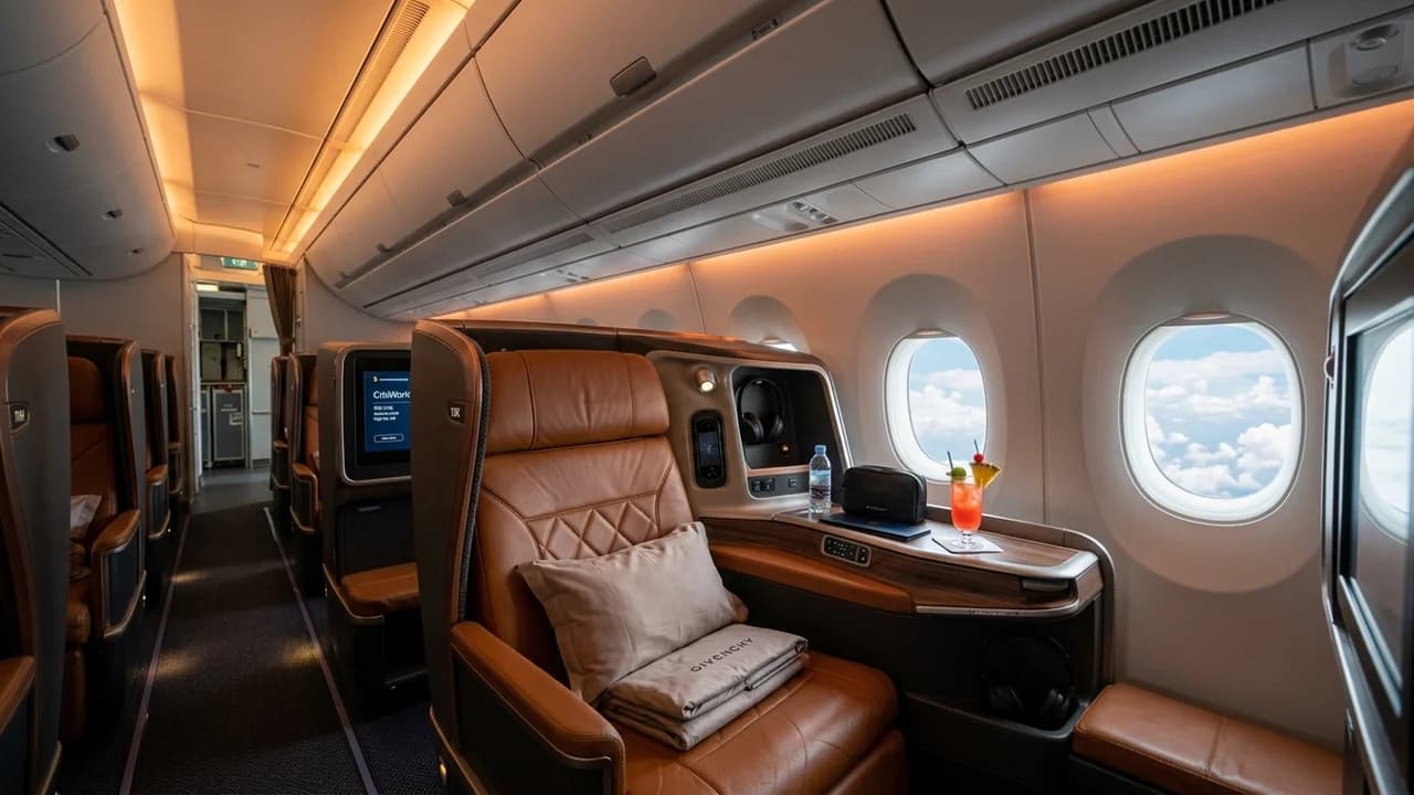 Singapore Airlines business class cabin with lie-flat suite and premium amenities