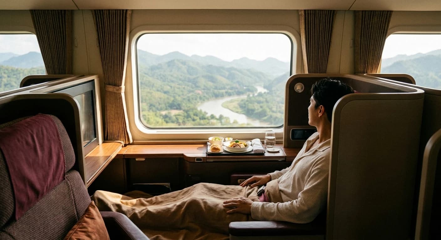 Business class cabin with lie-flat suite en route to Chiang Mai