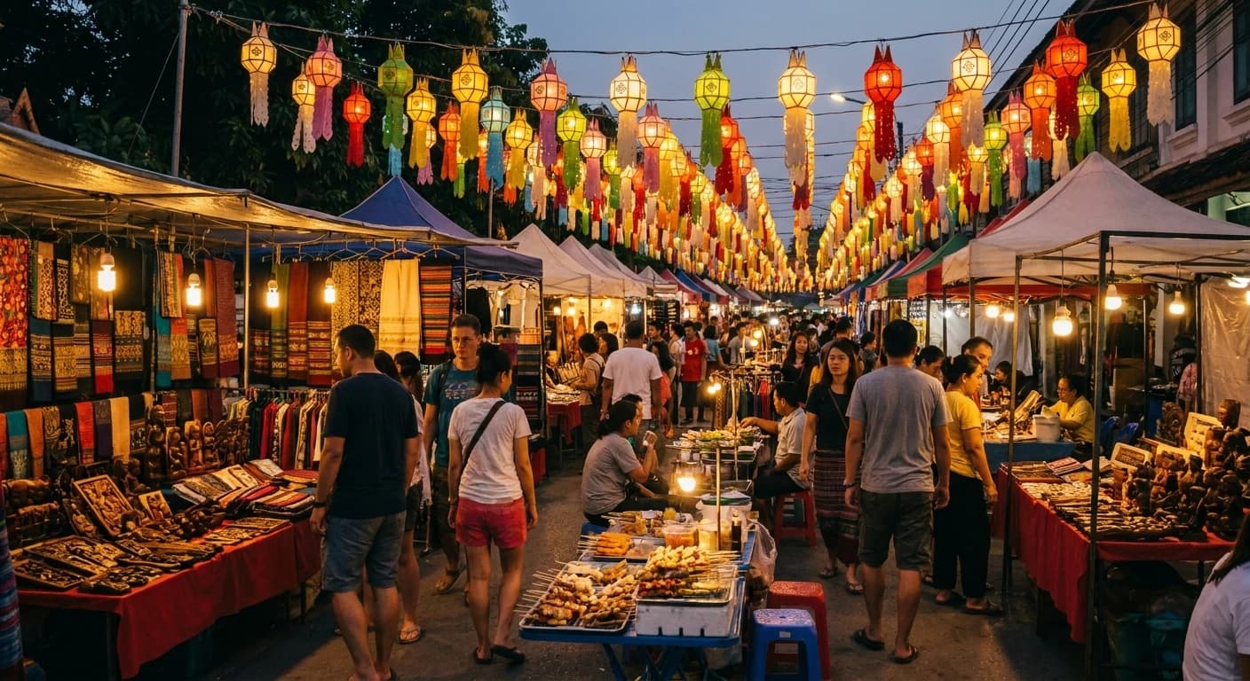 Vibrant night market scene in Chiang Mai with lanterns and crafts