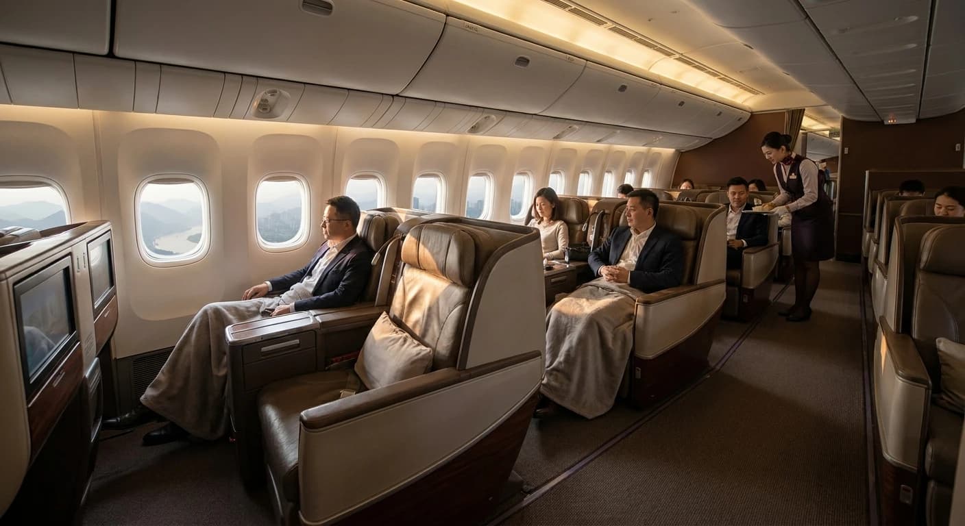 Business class cabin on a long-haul flight to Chongqing