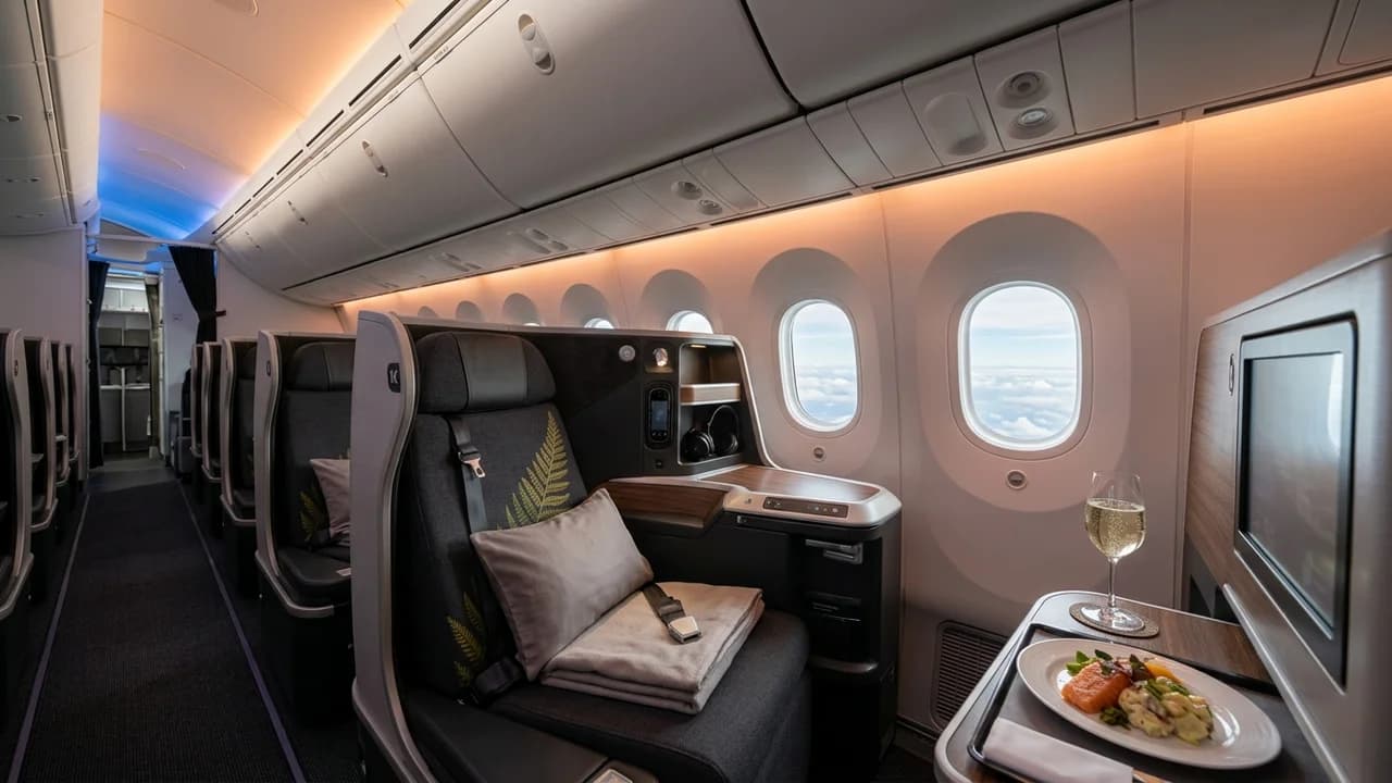 Air New Zealand business class cabin with lie-flat suite and premium amenities