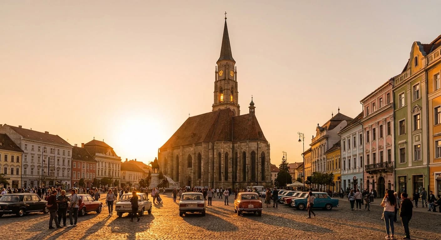 Gothic St. Michael's Church tower rising above Unirii Square in Cluj-Napoca at golden hour