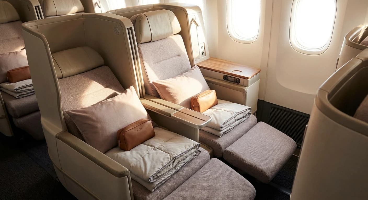 Lie-flat business class cabin with premium bedding and amenity kit