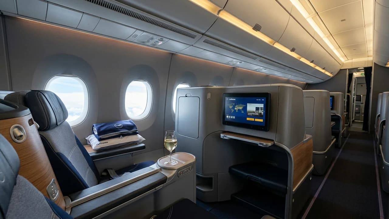 Lufthansa business class cabin with lie-flat suite and premium amenities