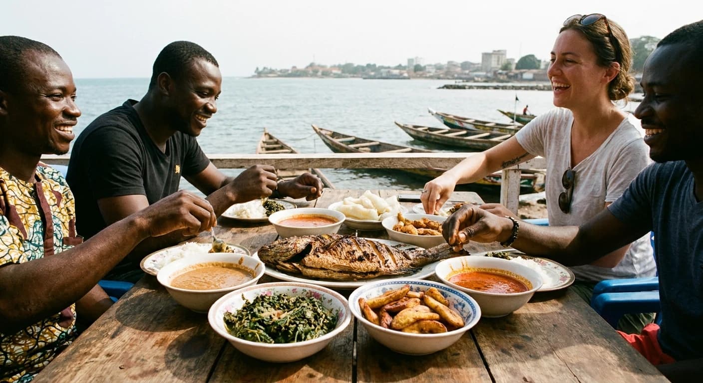 Traditional Guinean cuisine featuring grilled fish and local sauces served at a waterfront restaurant