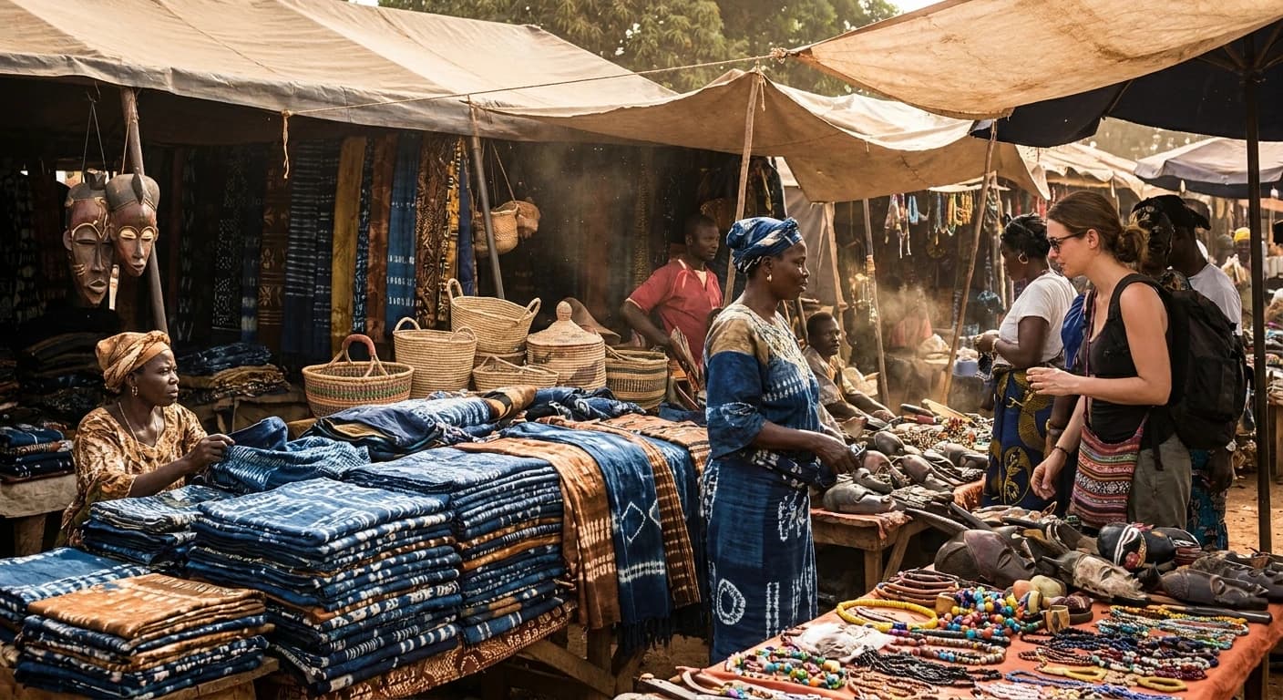 Traditional West African crafts and textiles at an artisan market in Conakry